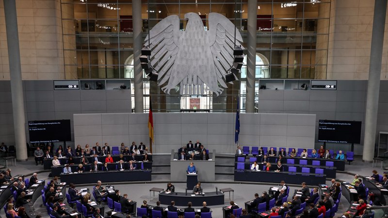 epa07926675 German Chancellor Angela Merkel speaks during a session of the German parliament 'Bundestag' in Berlin, Germany, 17 October 2019. Merkel delivered a government declaration on the upcoming EU summit.  EPA-EFE/FELIPE TRUEBA