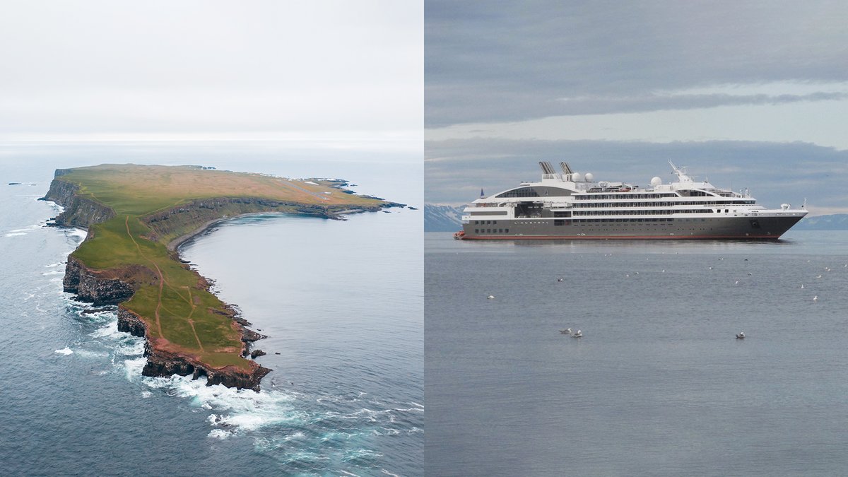 Zusammengesetztes Bild, das Grímsey und ein Kreuzfahrtschiff zeigt.